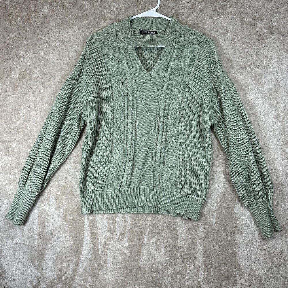 Steve Madden Sweater Womens Large Green Chunky Cable Knit V Neck Cutout Pullover